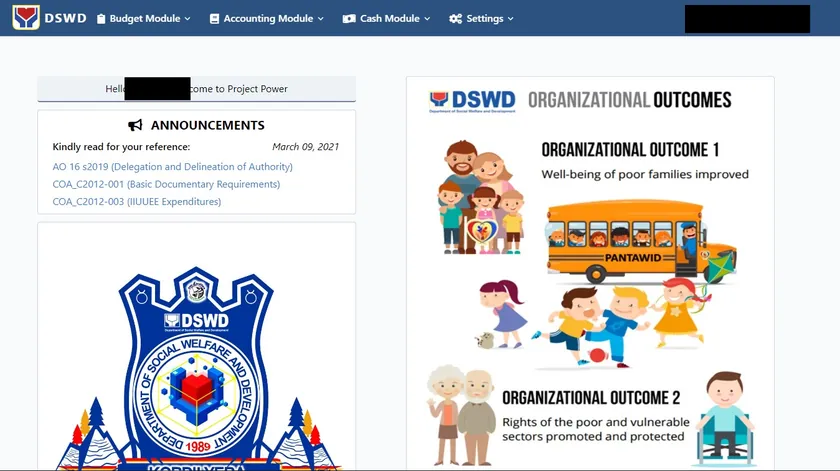 ABCIS home page with announcements and the department's organizational outcomes.