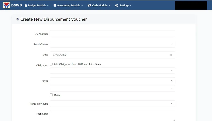 Form to create a new disbursement voucher.