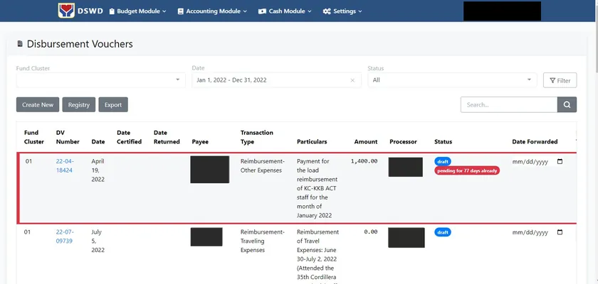 Disbursement voucher list with status labels, one flagged as pending for 77 days.