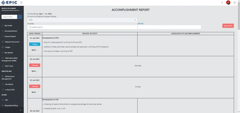 Accomplishment report listing daily activities for a two-week period.