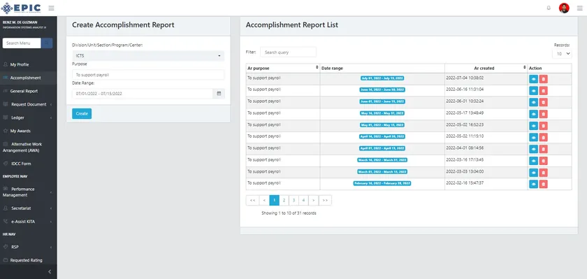 Form to create an accomplishment report next to a list of past reports.