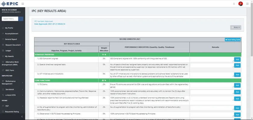 Individual performance commitment form with key result areas, weights and performance indicators.