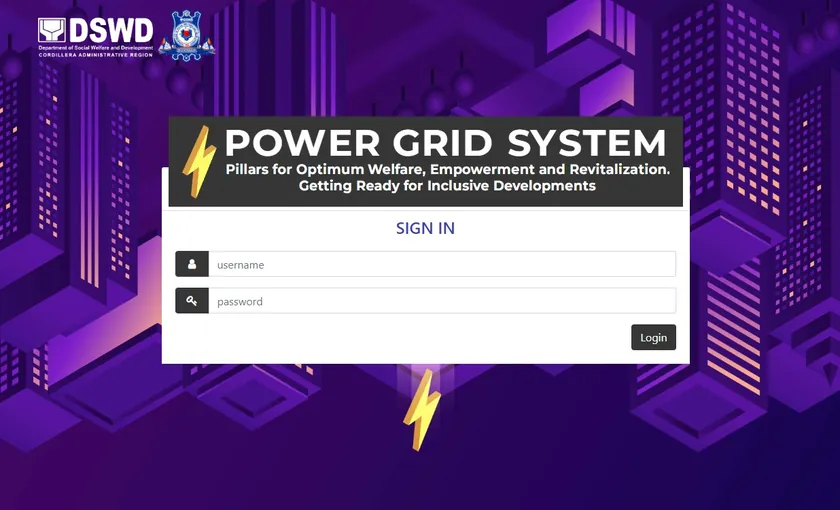 POWER Grid System sign-in page over an illustrated purple city.