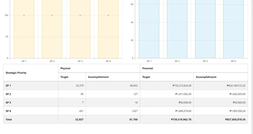 Table of physical and financial targets and accomplishments for each strategic priority, with totals.