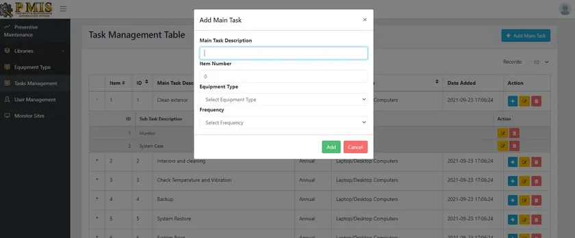 Dialog for adding a main maintenance task, with equipment type and frequency.