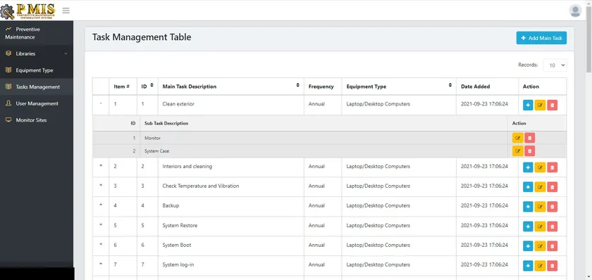 Task management table of maintenance tasks with sub-tasks, frequency and equipment type.